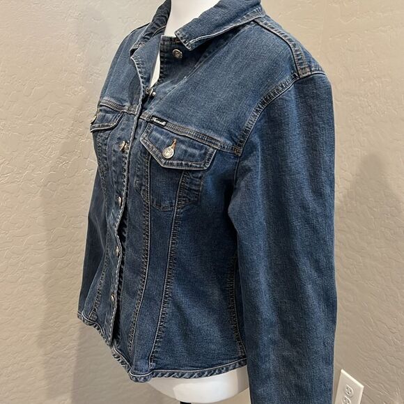 Faconnable Jean Jacket Y2K Fitted Stretch Denim Distressed Vintage Wash Size S - Picture 7 of 14